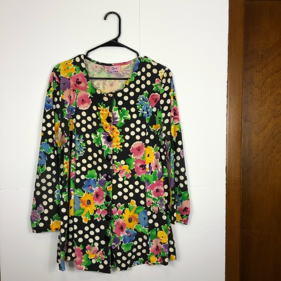 Vintage Polka Dot Floral Button Down Blouse Sz L - Picture 2 of 8